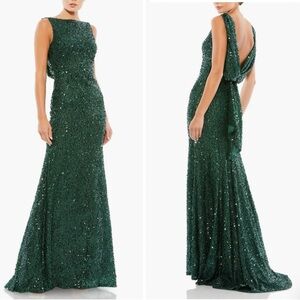NWT MAC DUGGAL Sequin Drape Cowl Back Boat Neck Trumpet Gown Emerald Green Sz 6